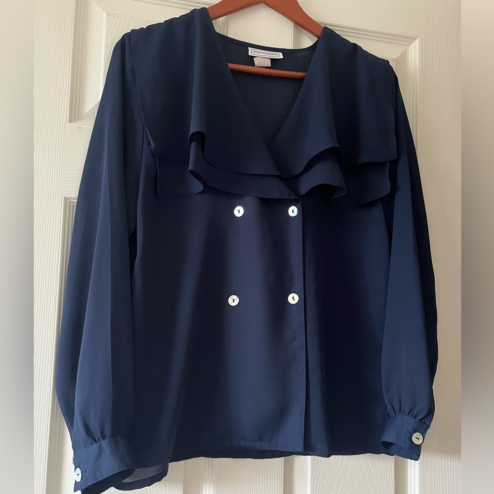 Vintage Navy Blouse with Ruffle Collar